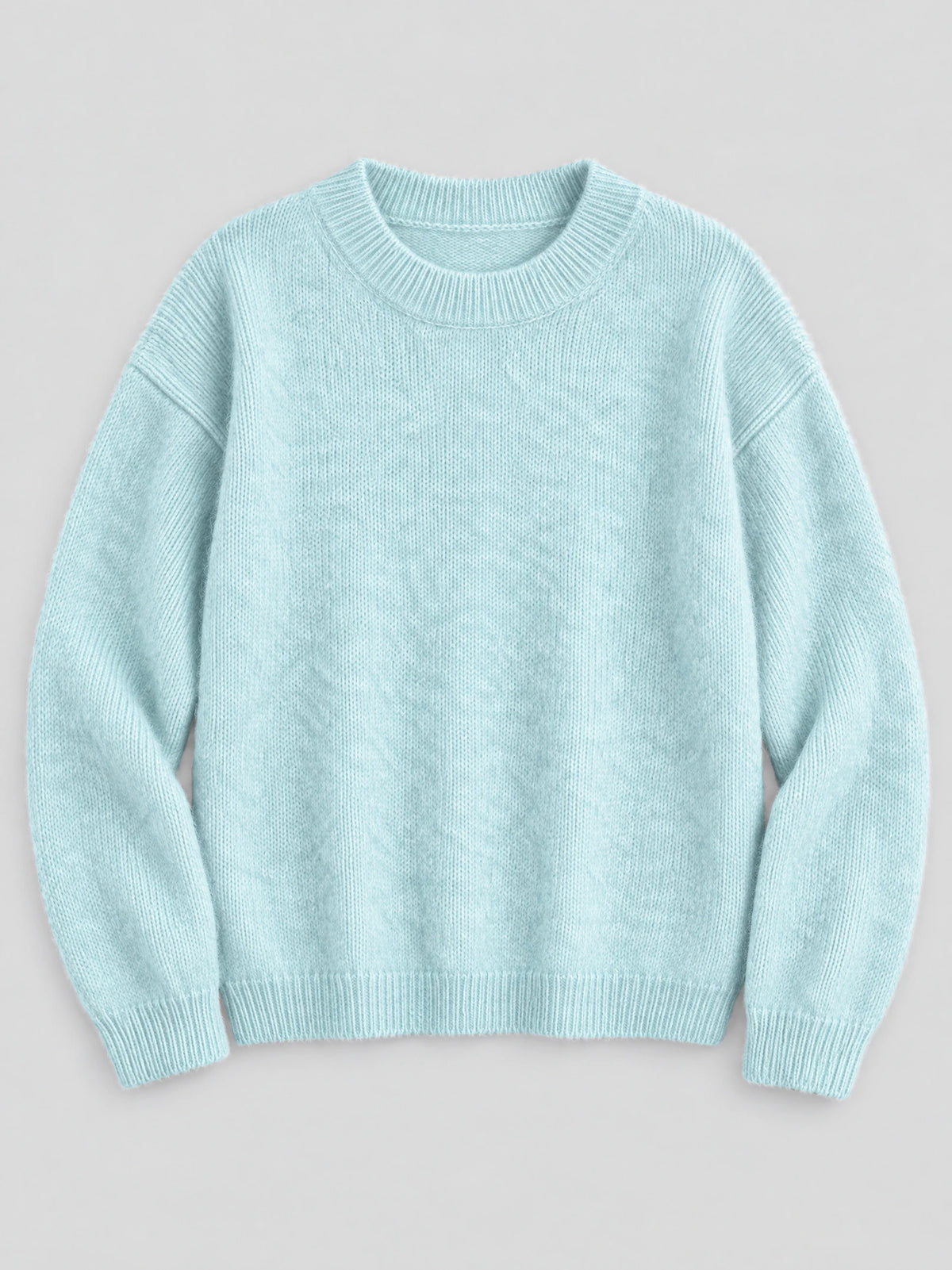 Light Blue Women Mohair Winter Sweater laid flat, featuring a ribbed crew neckline, cuffs, and hem.