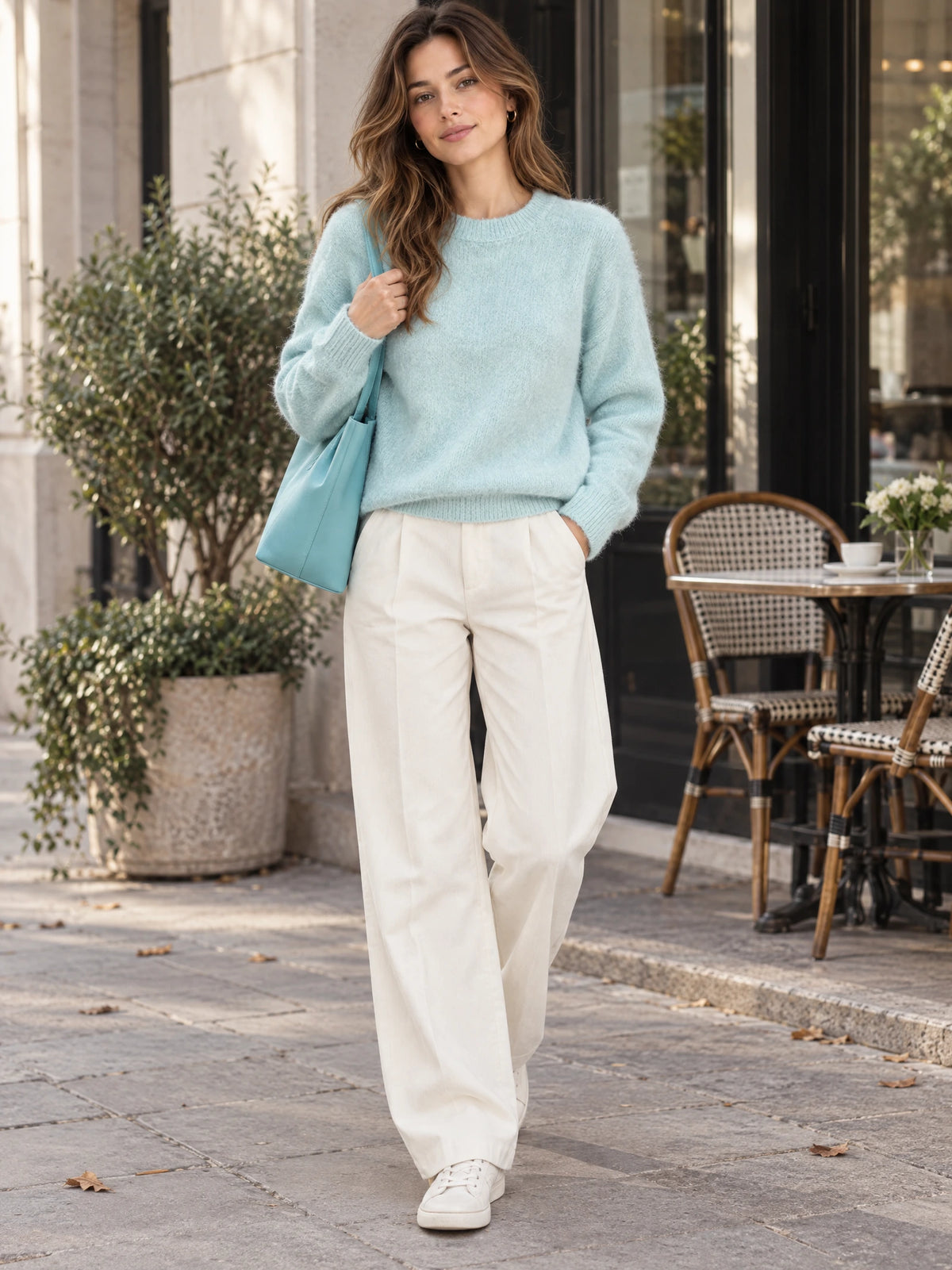Model wearing a Light Blue Women Mohair Winter Sweater with wide-leg trousers while walking past a café.