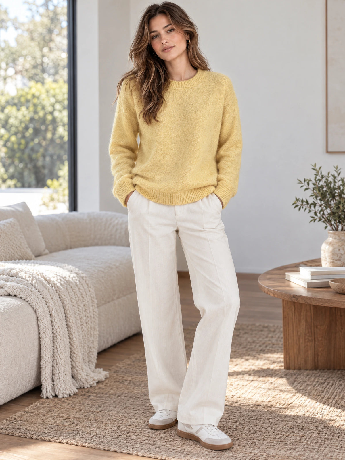 Model wearing a Yellow women’s mohair winter sweater with a ribbed crew neckline in a sunlit living room.