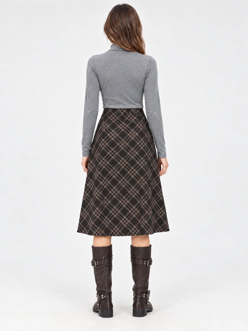 Rear studio view of a model wearing a Brown checkered cotton pleated A-line midi skirt.
