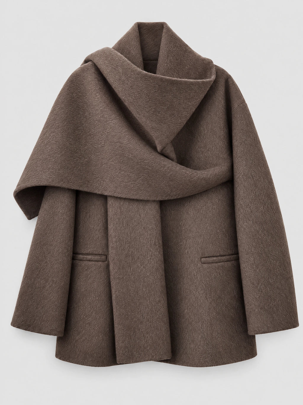 Brown Scarf Collar Wool Coat Women laid flat, featuring an oversized wrap scarf collar, long sleeves, and welt pockets.