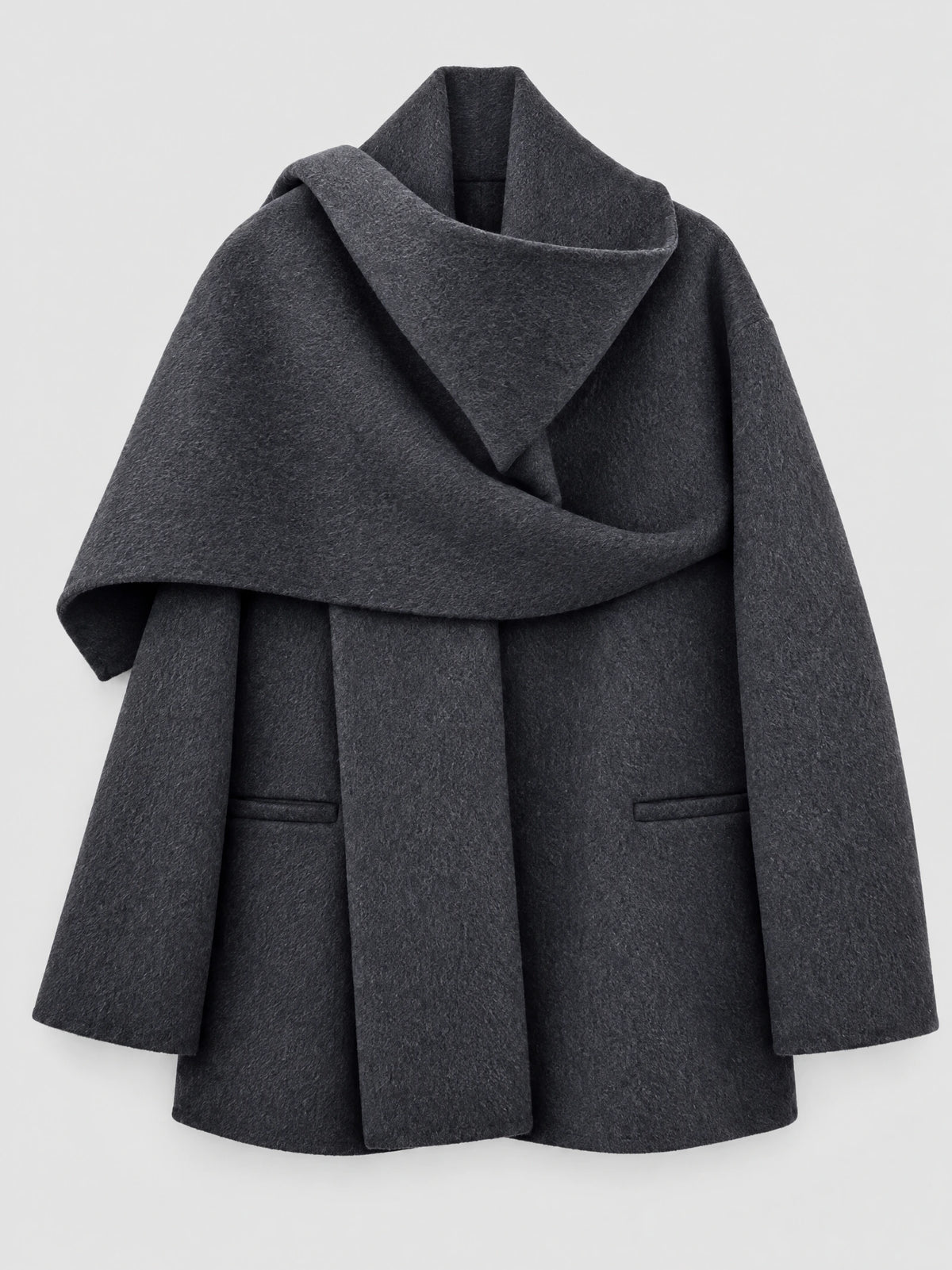 Gray wool scarf collar coat laid flat, showing the oversized wrap collar, long sleeves, and front welt pockets.