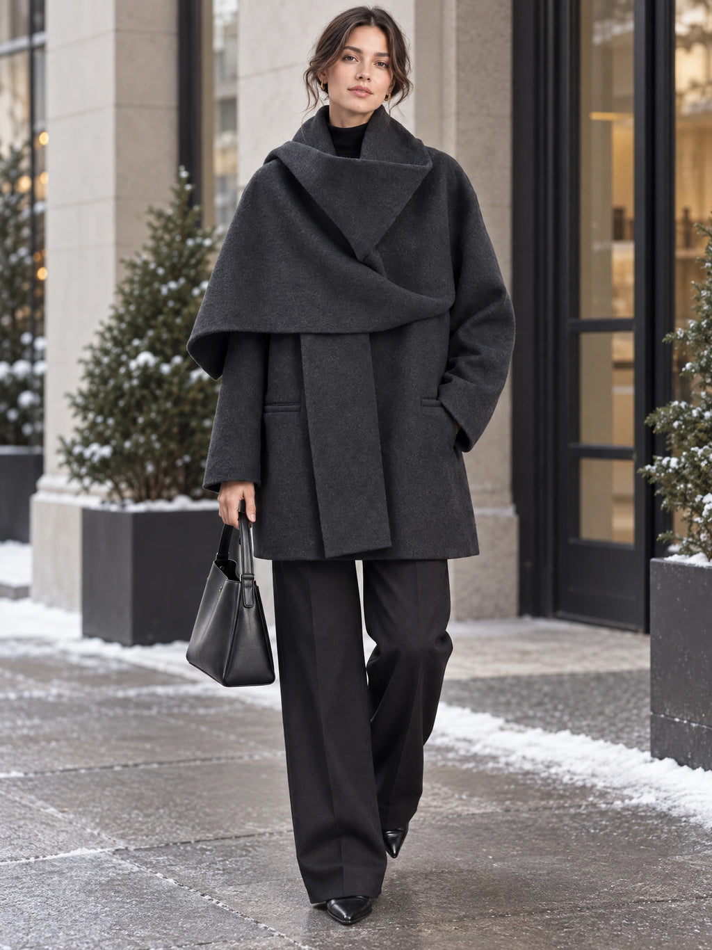 Model wearing a Gray scarf collar wool coat with oversized wrap lapels while walking on a snowy city sidewalk.