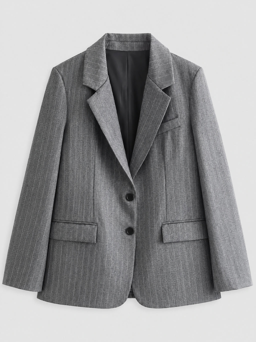 Gray Striped Single Breasted Blazer laid flat, showing notched lapels, long sleeves, flap pockets, and front buttons.