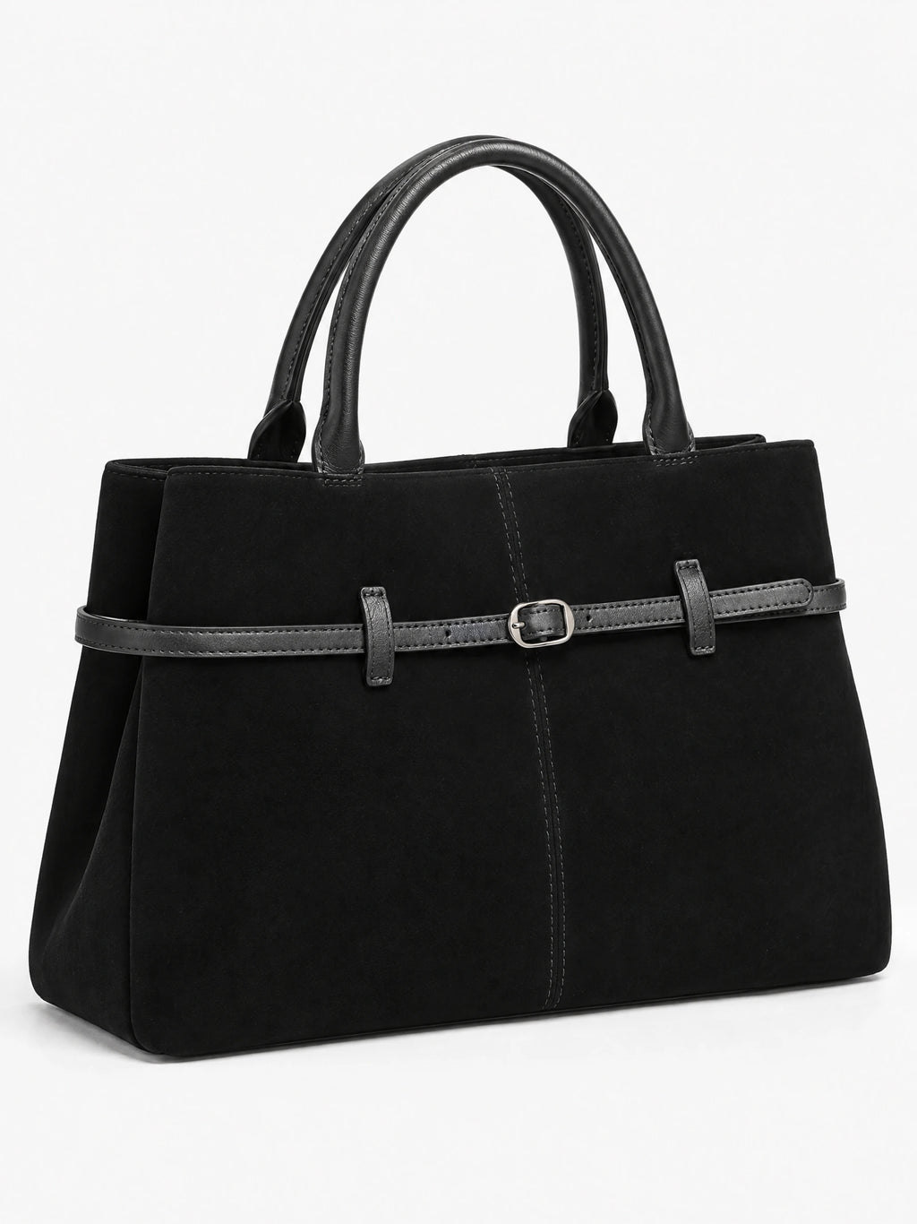 Black suede leather tote bag shown at an angle with dual handles, stitched panels, and a front buckle strap.