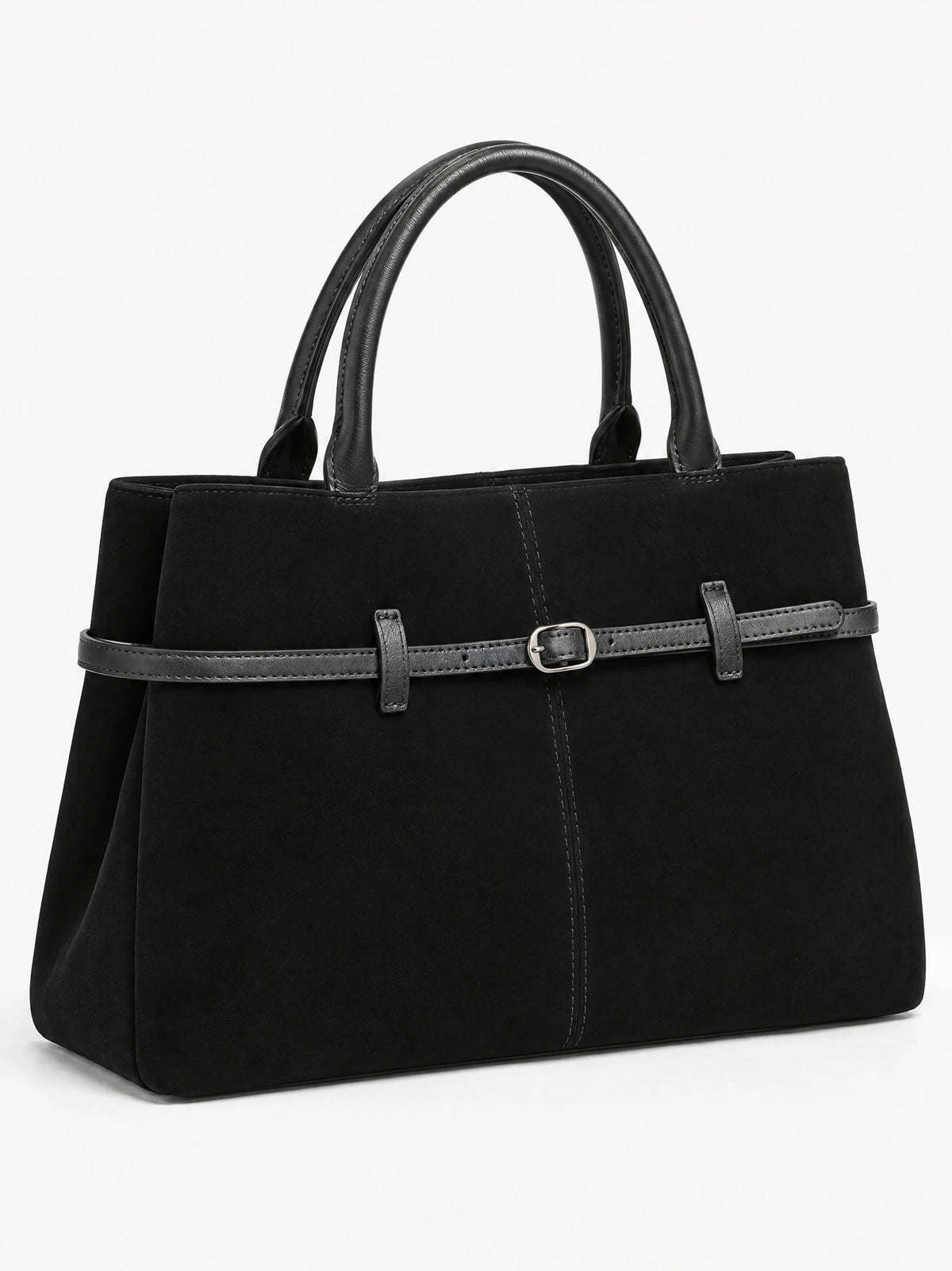 Black suede leather tote bag shown at an angle with dual handles, stitched panels, and a front buckle strap.