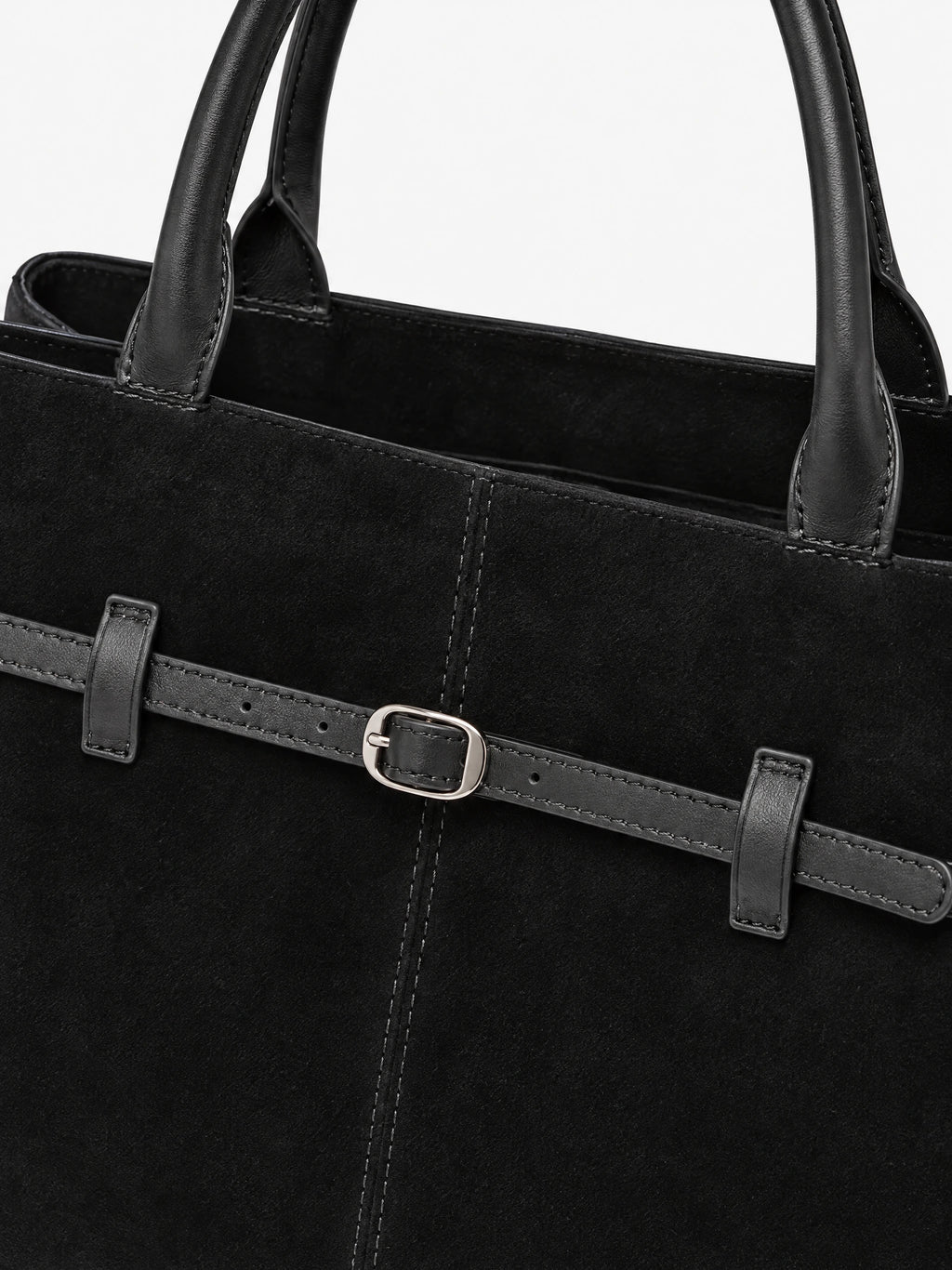 Close-up of the Black Suede Leather Tote Bag with stitched handles and an adjustable front strap with buckle.