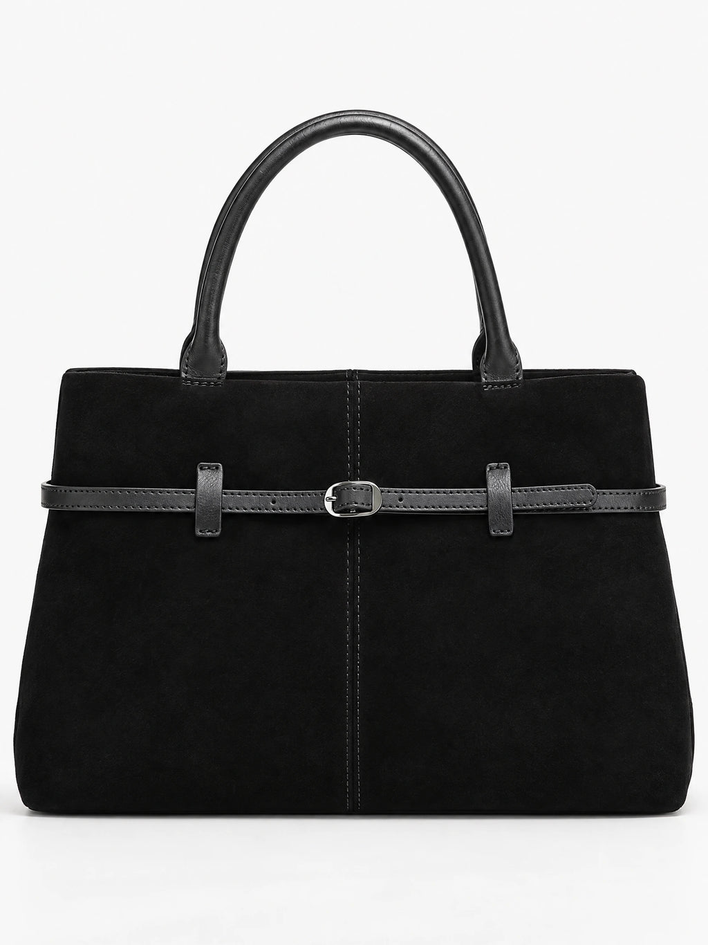 Black suede leather tote bag with dual handles, front stitching, and a belted buckle detail.