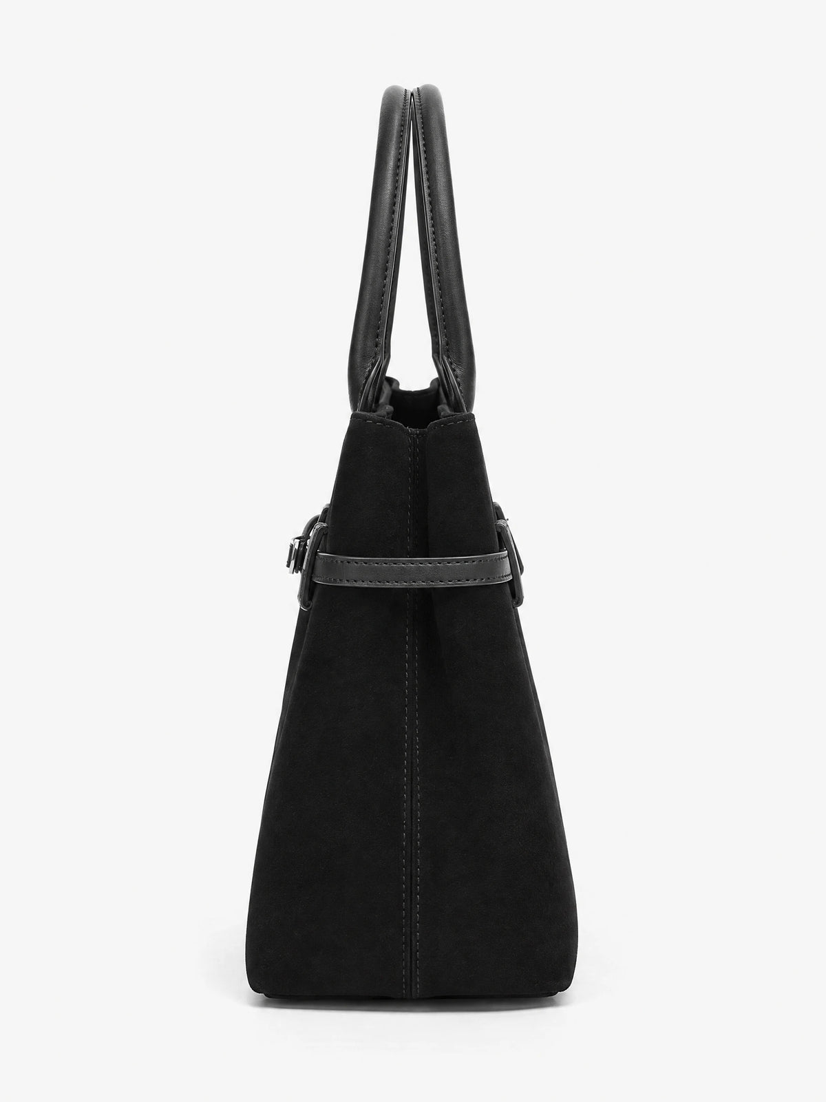 Side view of a Black Suede Leather Tote Bag with twin handles, stitched seams, and strap detail.