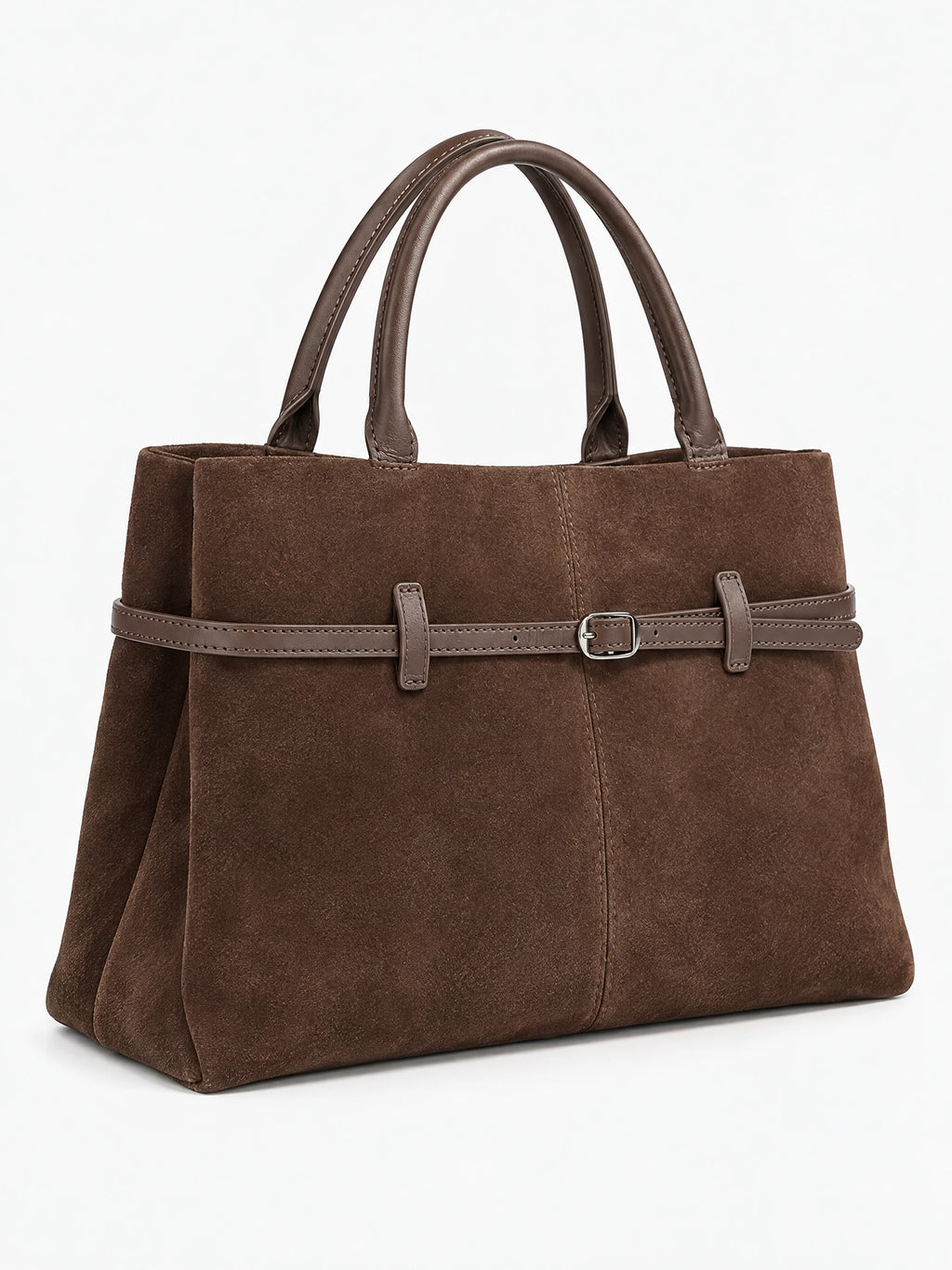 Brown suede leather tote bag shown at an angle with double handles, a front buckle strap, and textured finish.