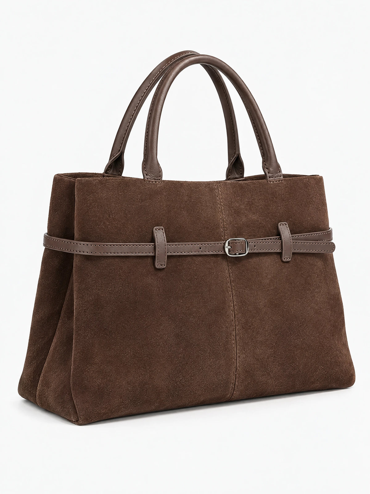 Brown suede leather tote bag shown at an angle with double handles, a front buckle strap, and textured finish.