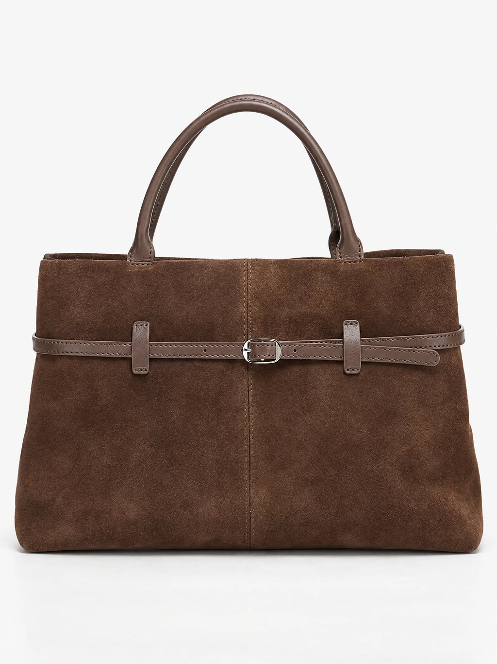 Brown suede leather tote bag in a front studio view with double handles and a buckle-accented strap.