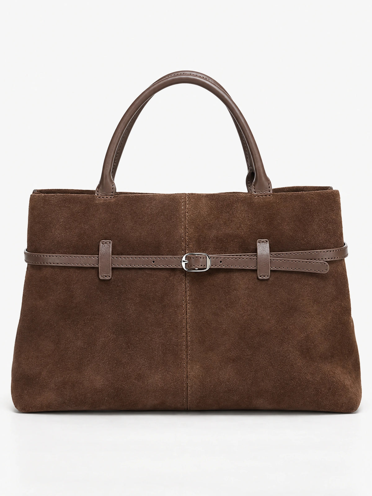 Brown suede leather tote bag in a front studio view with double handles and a buckle-accented strap.