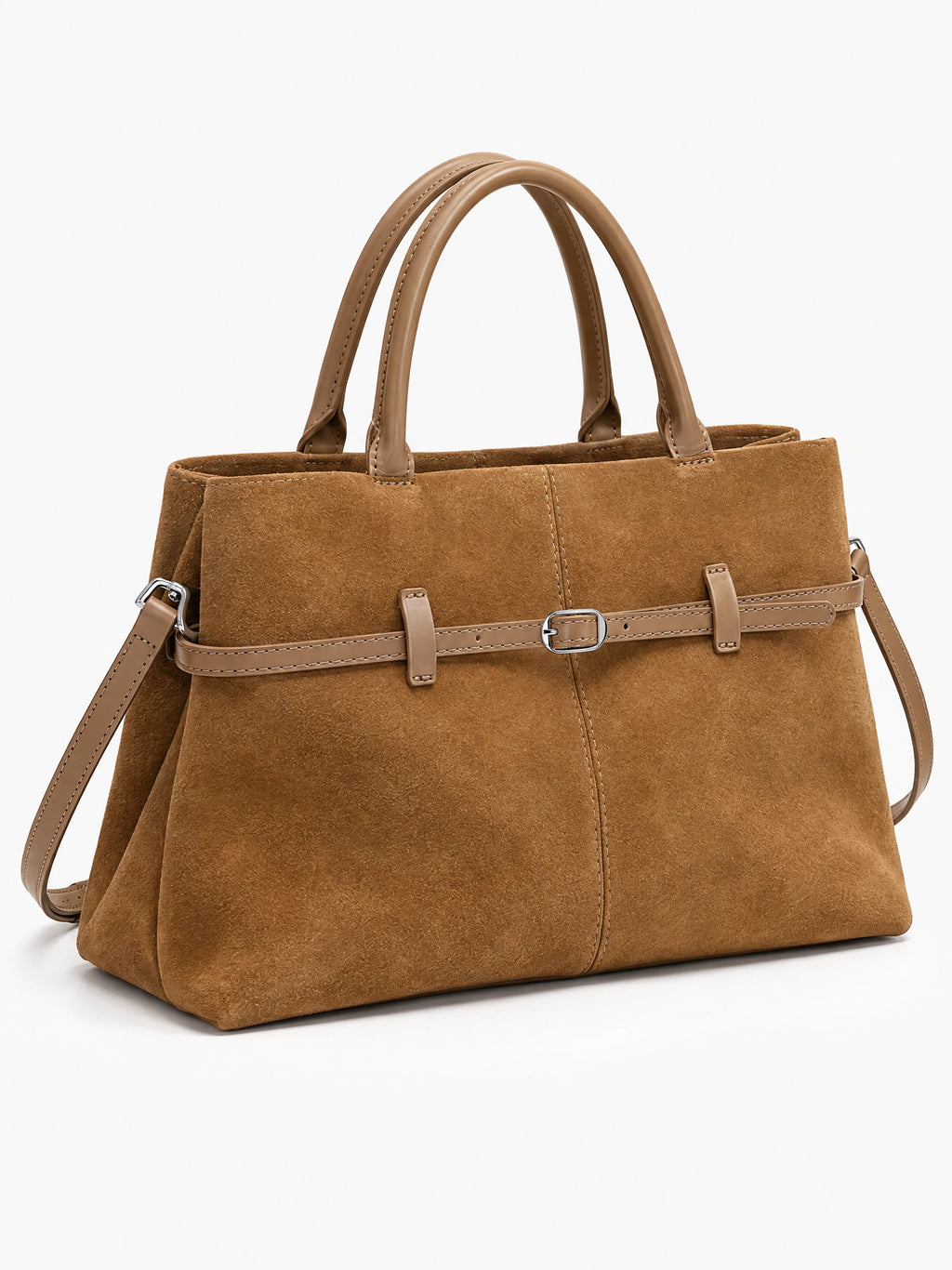 Khaki suede leather tote bag shown at an angle with dual handles, adjustable front buckle strap, and shoulder strap.