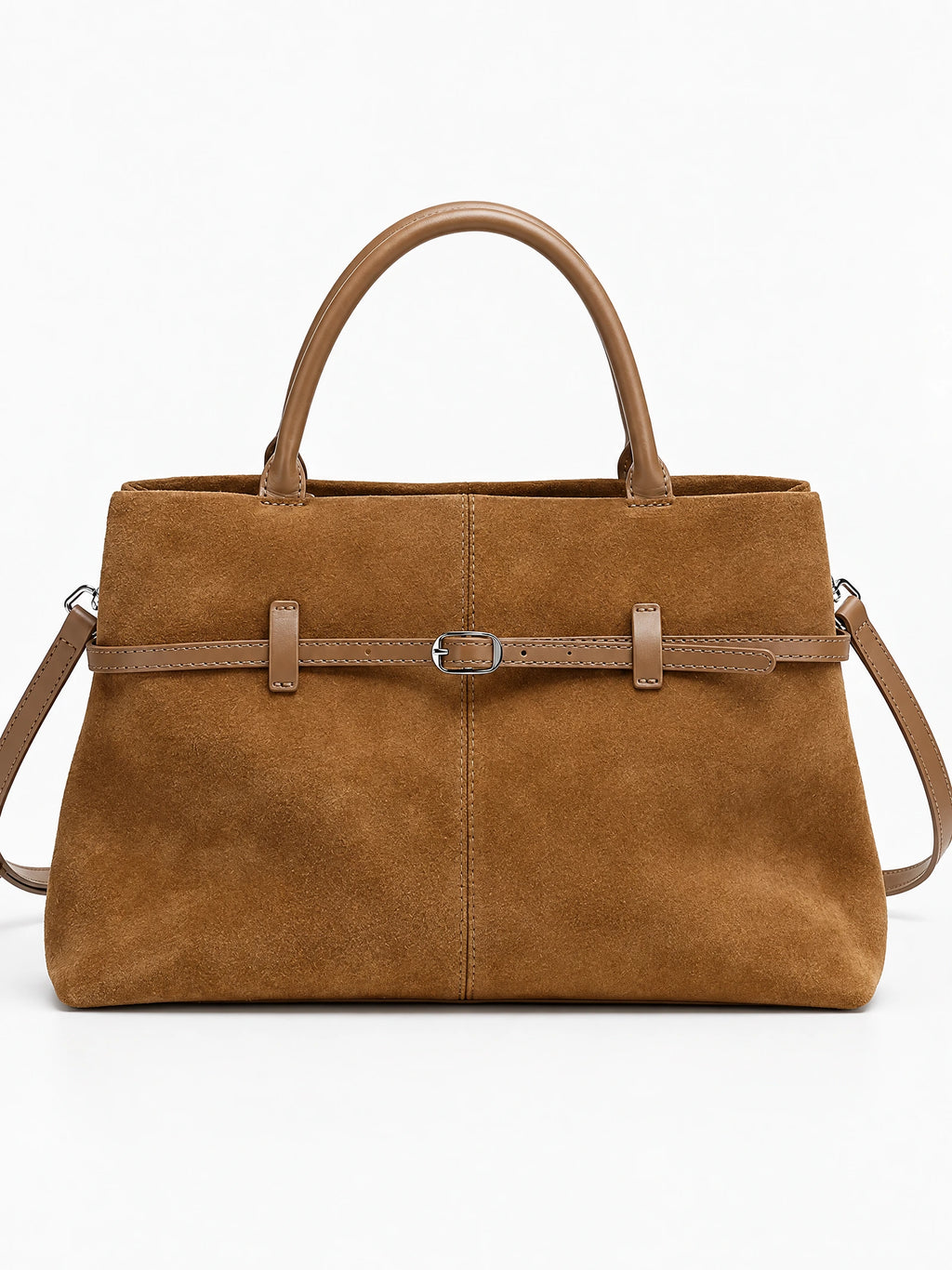 Khaki suede leather tote bag shown front-on with a belted exterior, top handles, and detachable shoulder strap.