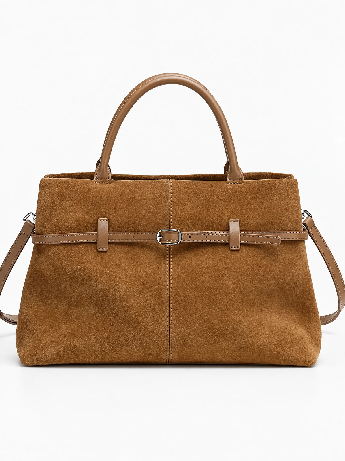 Khaki suede leather tote bag shown front-on with a belted exterior, top handles, and detachable shoulder strap.