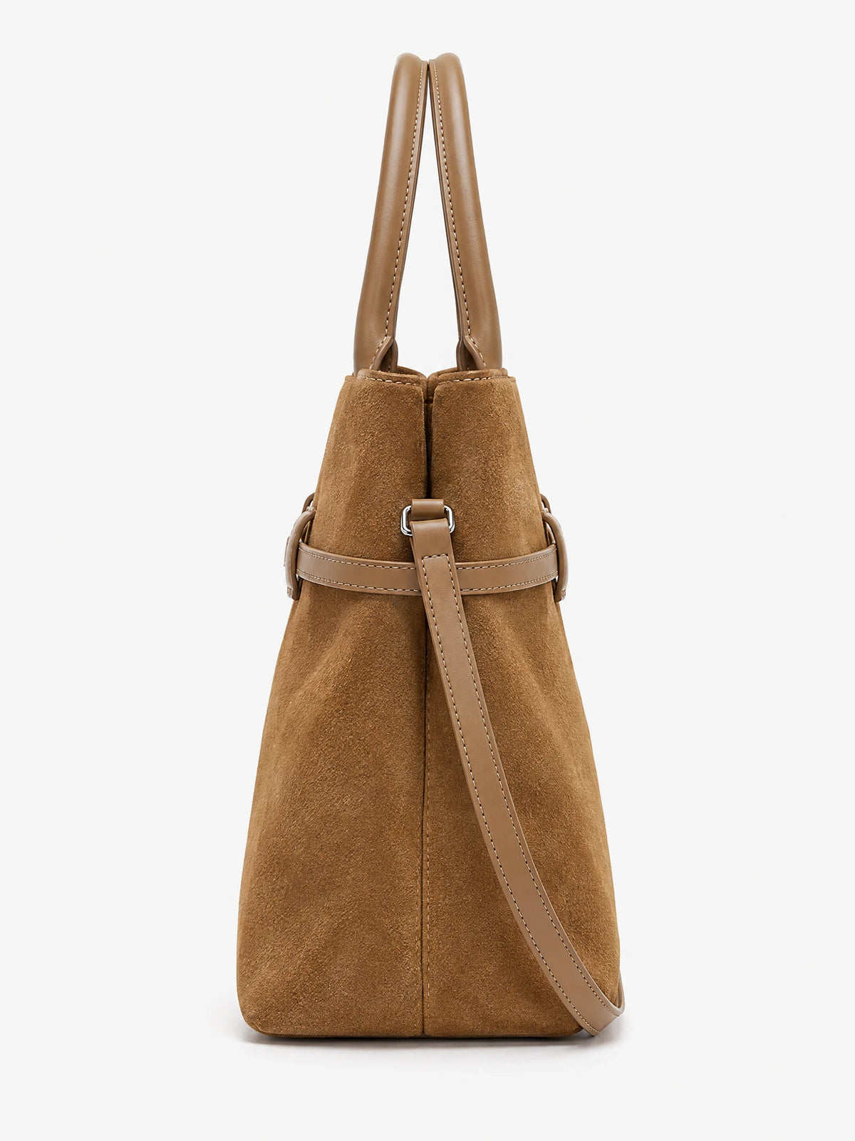 Side view of Khaki Suede Leather Tote Bag with stitched handles, suede texture, and adjustable shoulder strap.