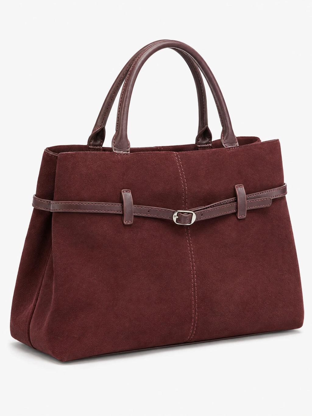 Wine suede leather tote bag shown at an angle with double handles, contrast stitching, and a front buckle strap.