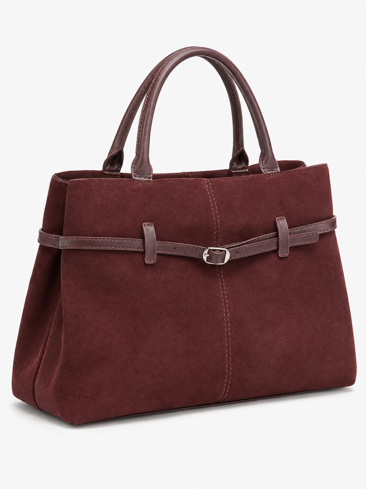 Wine suede leather tote bag shown at an angle with double handles, contrast stitching, and a front buckle strap.