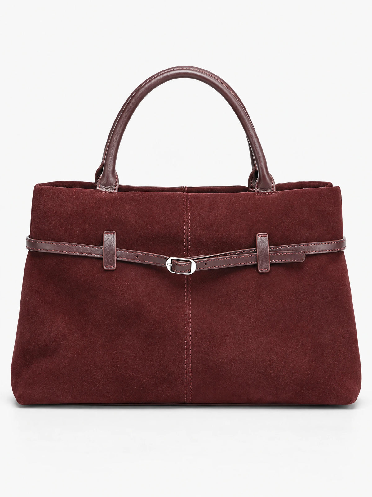 Wine Suede Leather Tote Bag with double handles, front stitching, and a buckle-accented strap.