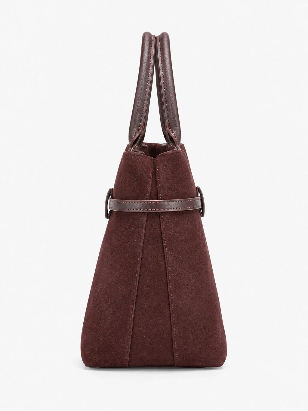 Side view of a Wine suede leather tote bag with stitched top handles and a detachable shoulder strap.