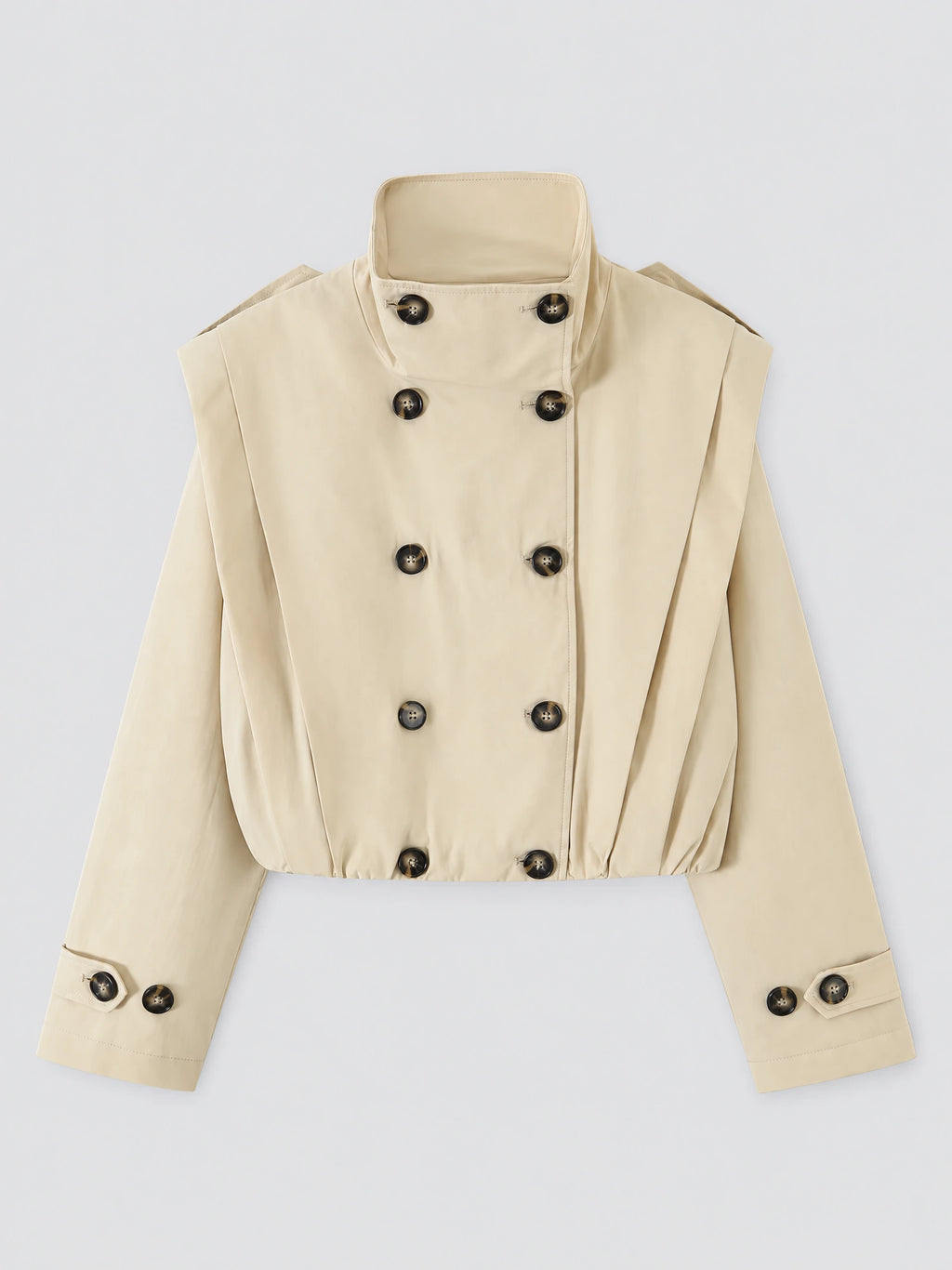 Khaki cropped trench coat laid flat, featuring a stand collar, double-breasted buttons, and belted cuffs.