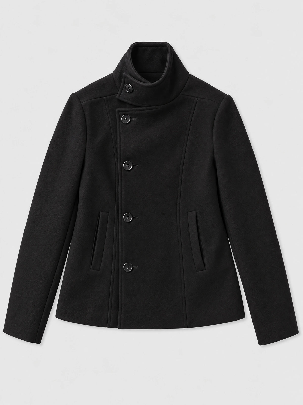 Black womens turtleneck coat laid flat, featuring an asymmetrical button front, high collar, and angled welt pockets.