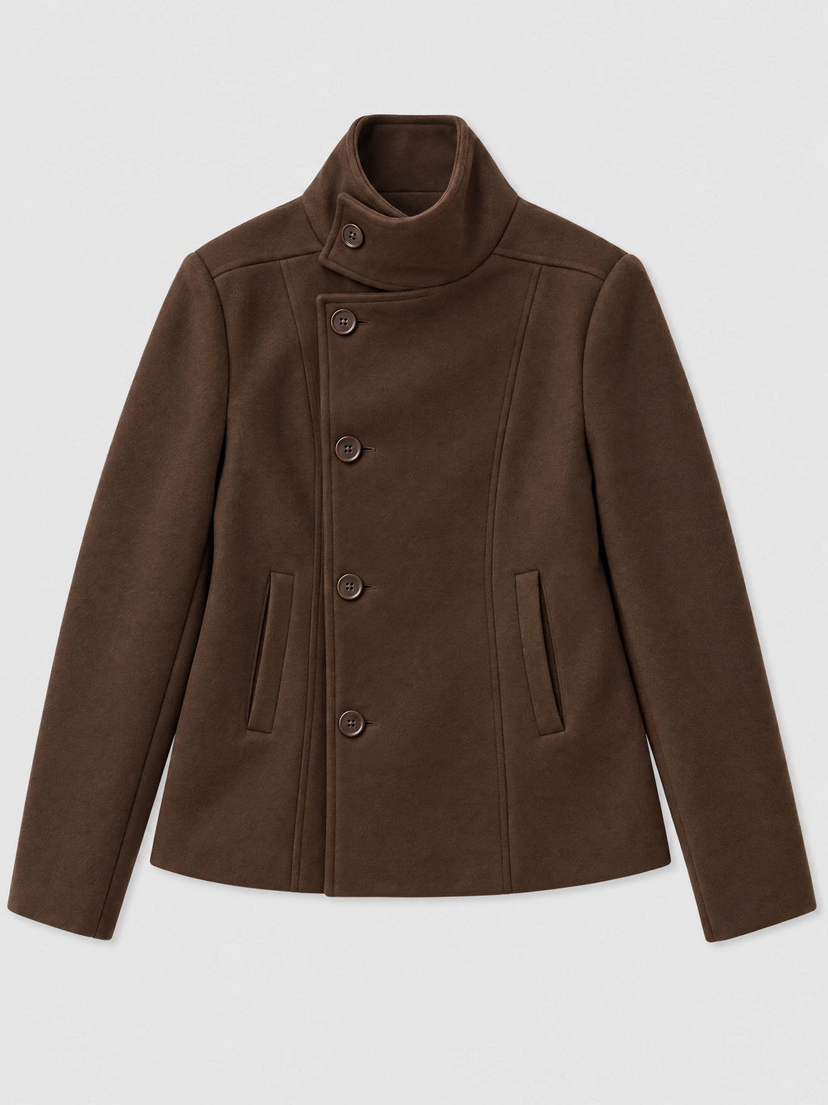 Brown womens turtleneck coat laid flat, featuring an asymmetric button front, high collar, and welt pockets.