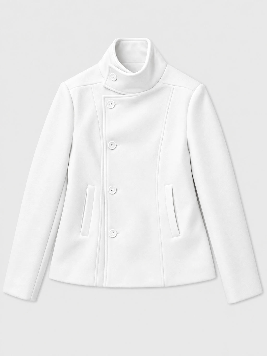 White womens turtleneck coat laid flat, featuring an asymmetrical button front, high collar, and angled welt pockets.