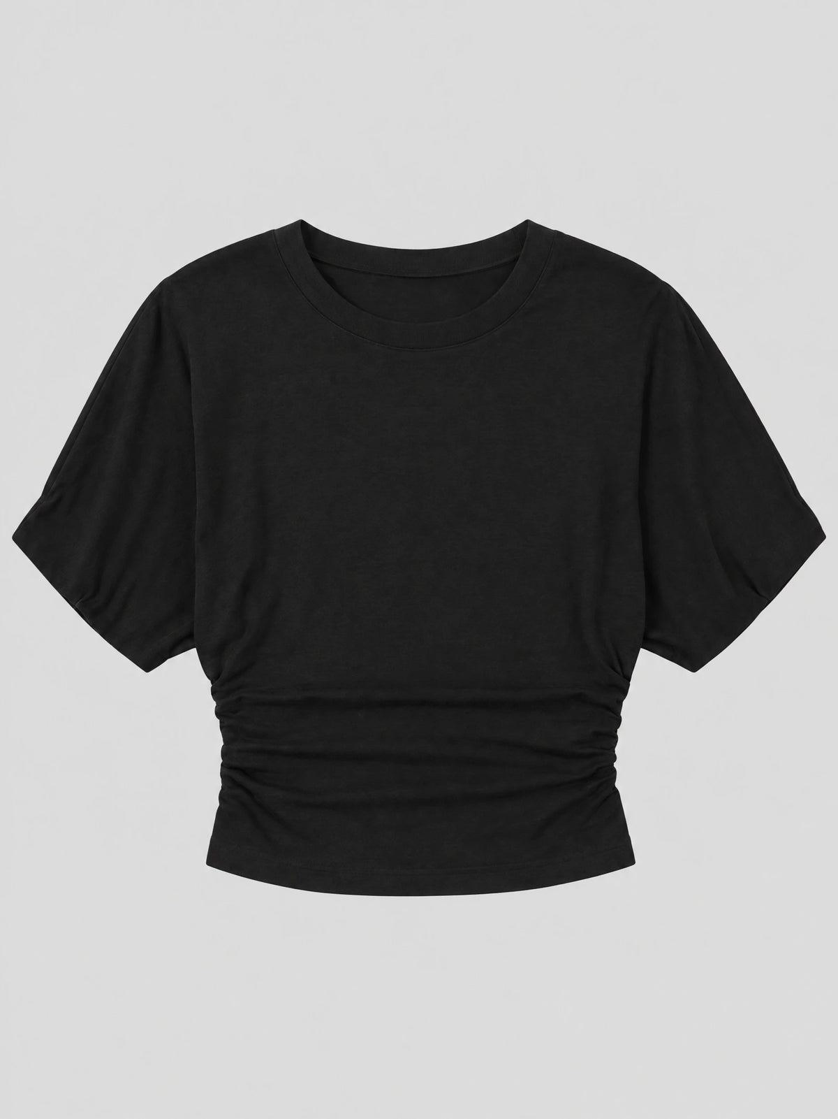 Black cotton Waist Short Top laid flat, featuring an O-neck, short sleeves, and a ruched fitted waist.