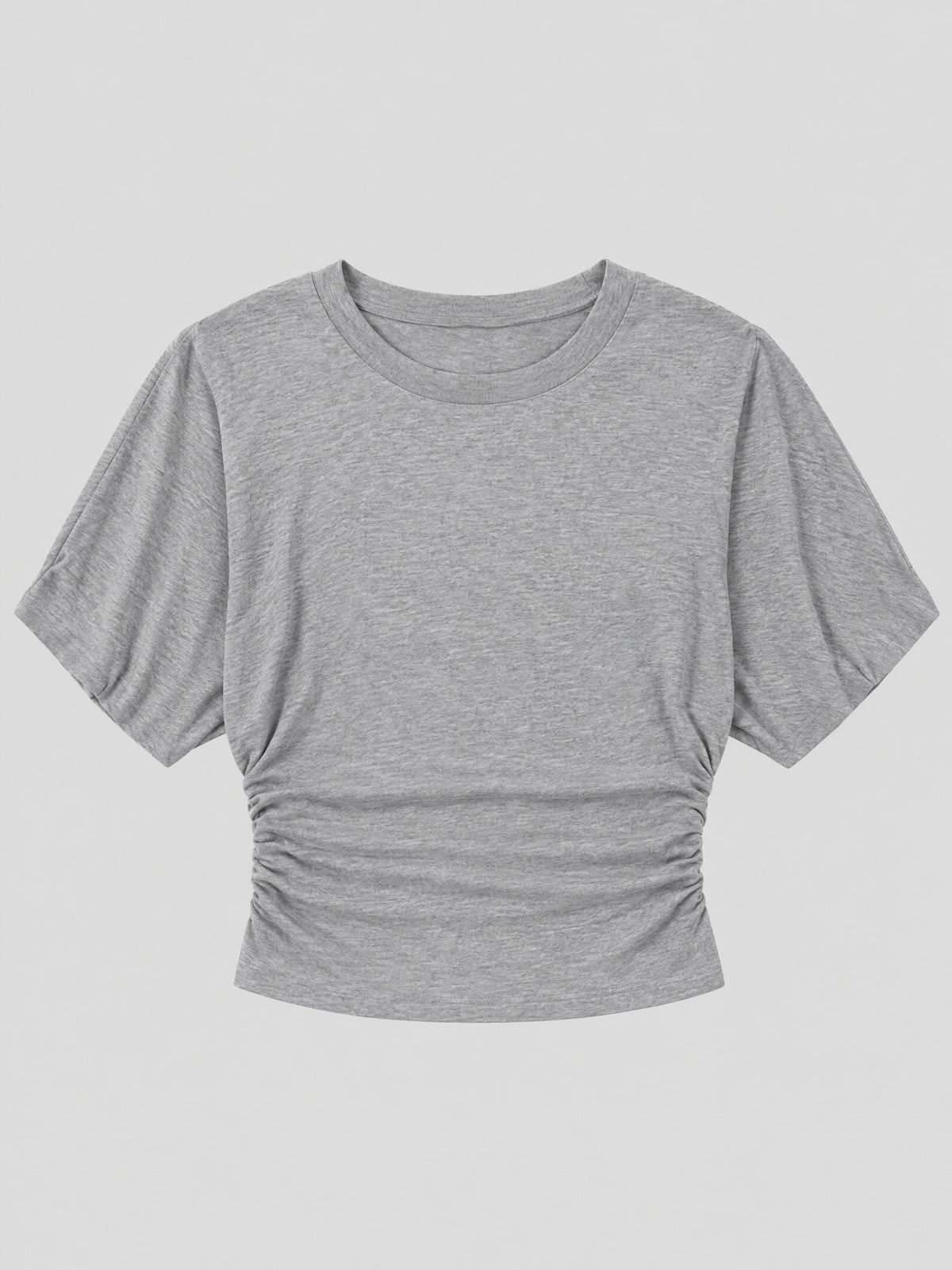 Gray Waist Short Top laid flat, featuring an O-neck, short sleeves, and ruched side waist detail.