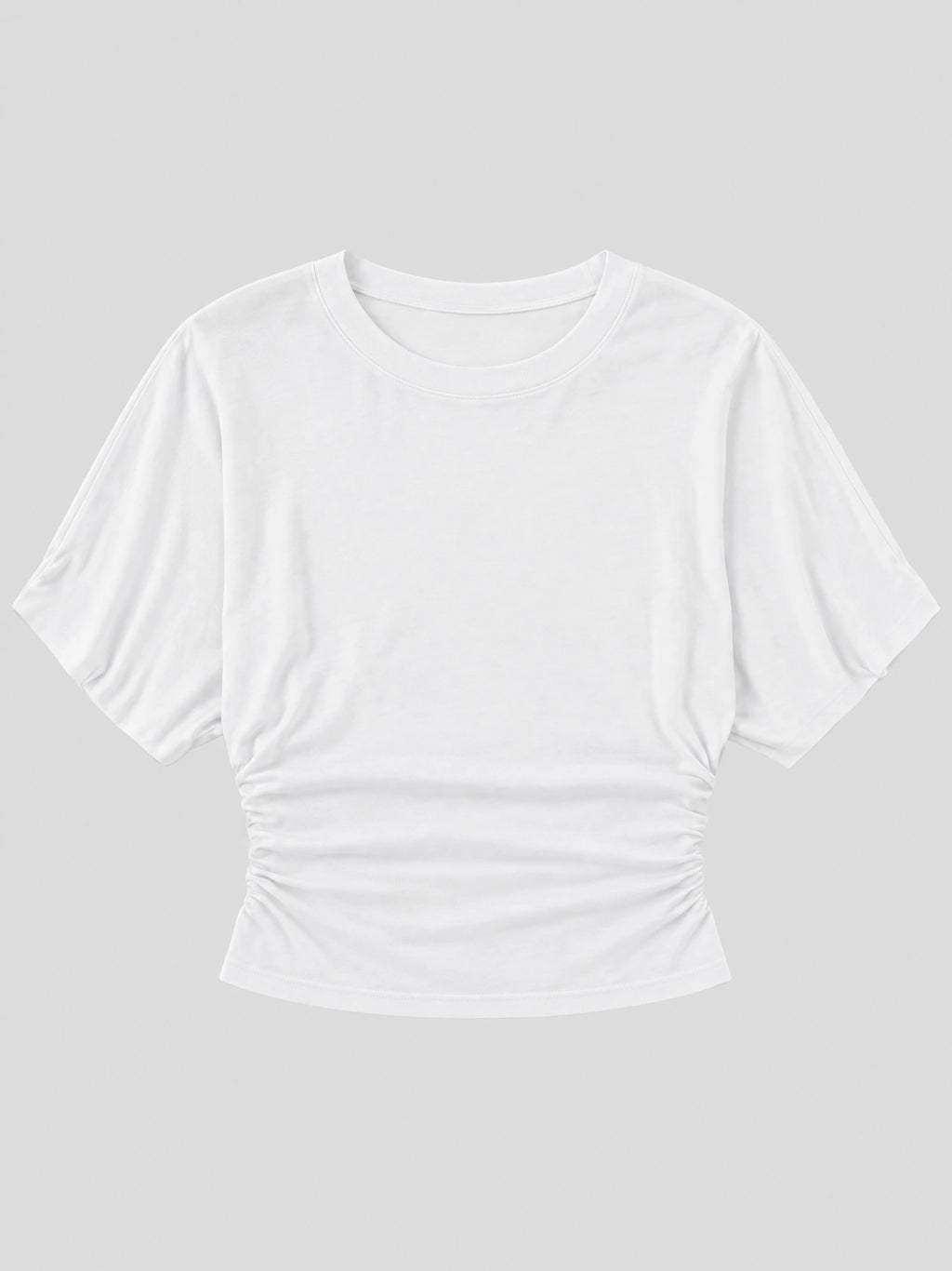 White cotton Waist Short Top laid flat, featuring an O-neck, short sleeves, and ruched side seams.