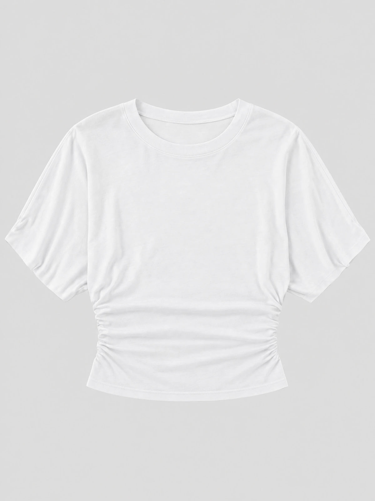 White cotton Waist Short Top laid flat, featuring an O-neck, short sleeves, and ruched side seams.