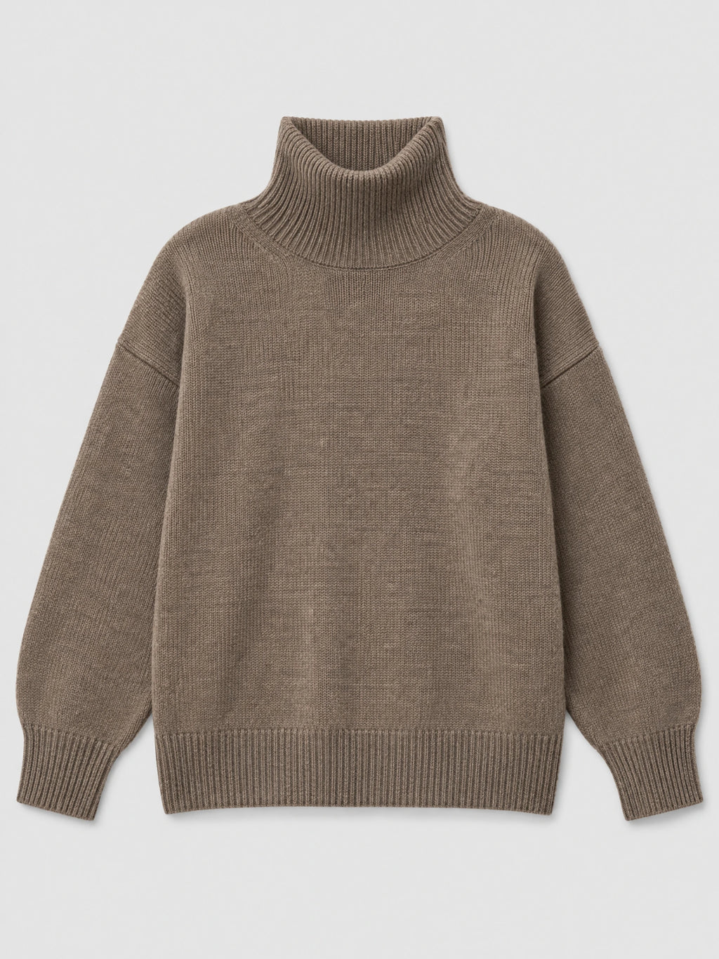 Brown women's turtleneck sweater laid flat, featuring a ribbed high collar, cuffs, and hem.