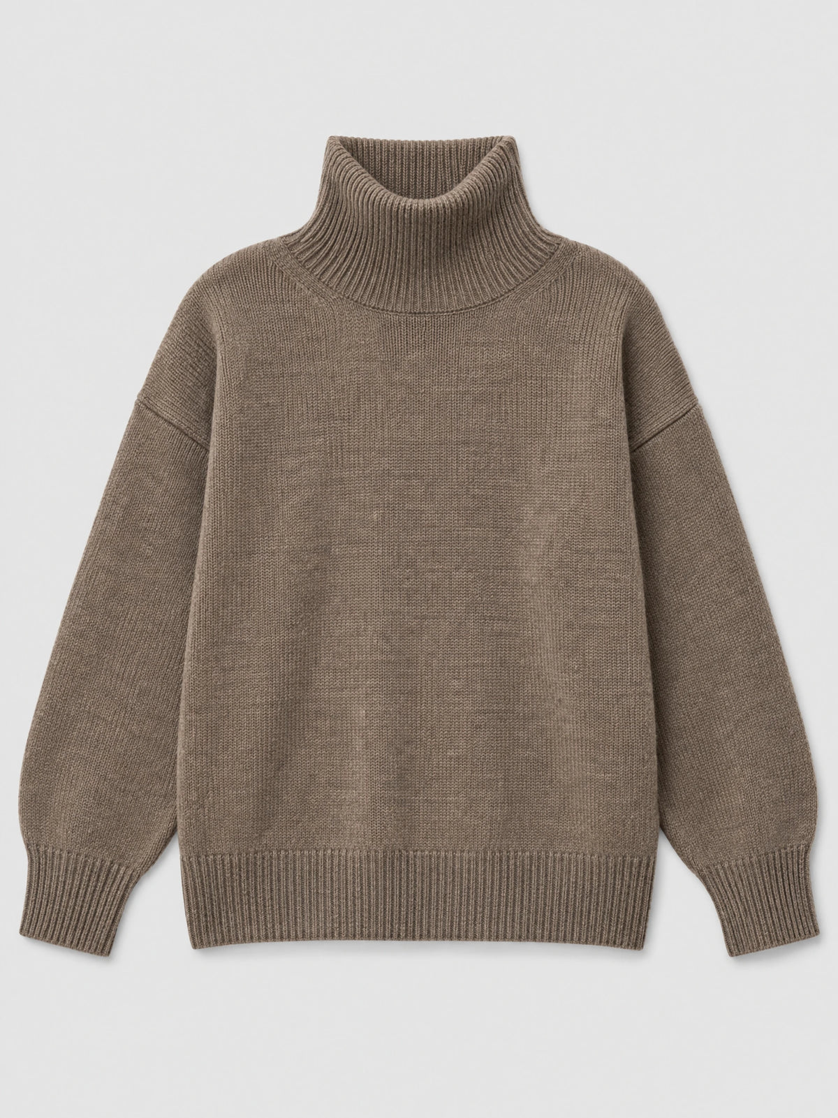 Brown women's turtleneck sweater laid flat, featuring a ribbed high collar, cuffs, and hem.