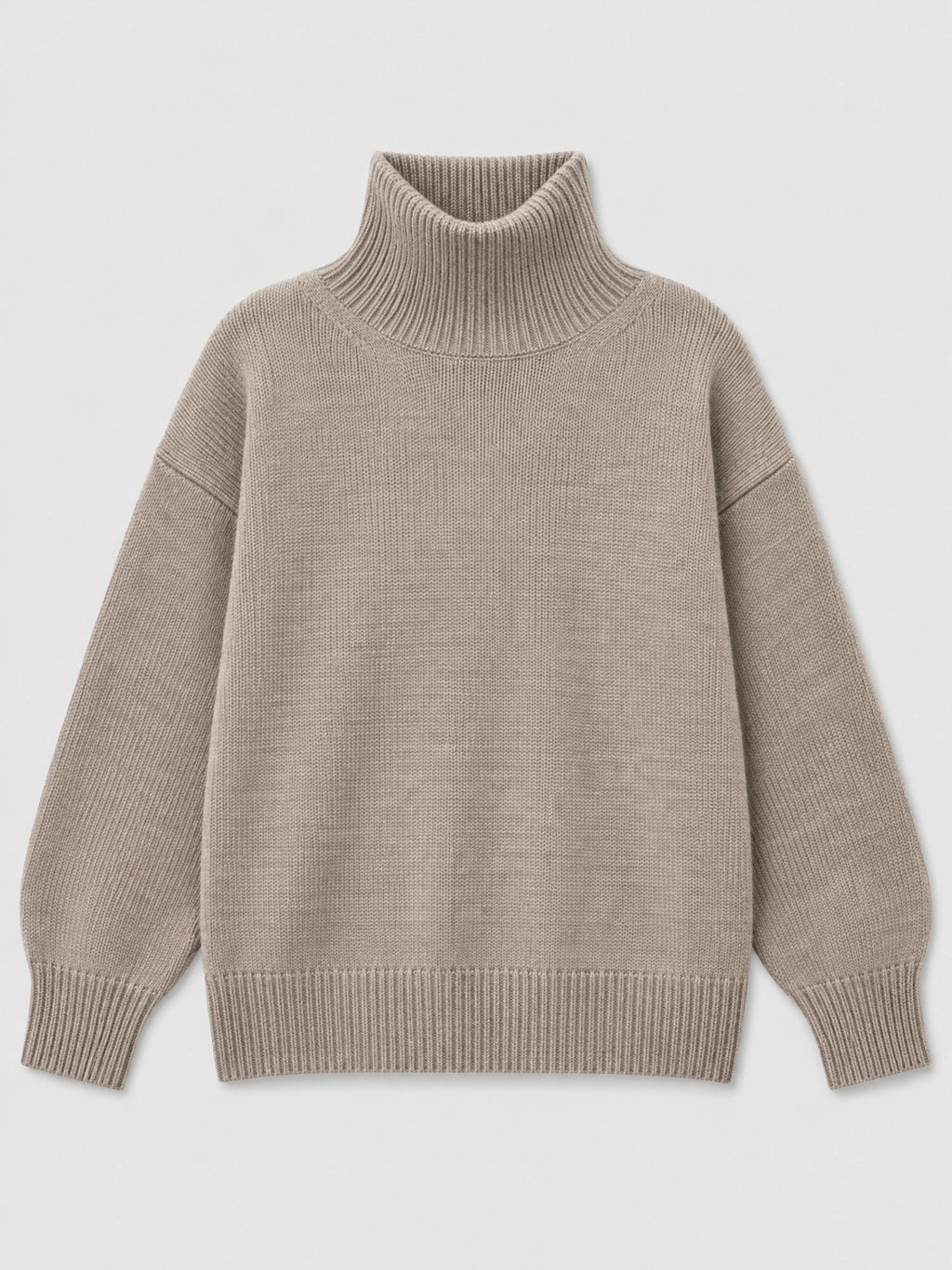 Khaki women's turtleneck sweater laid flat, featuring a ribbed high collar, cuffs, and hem.