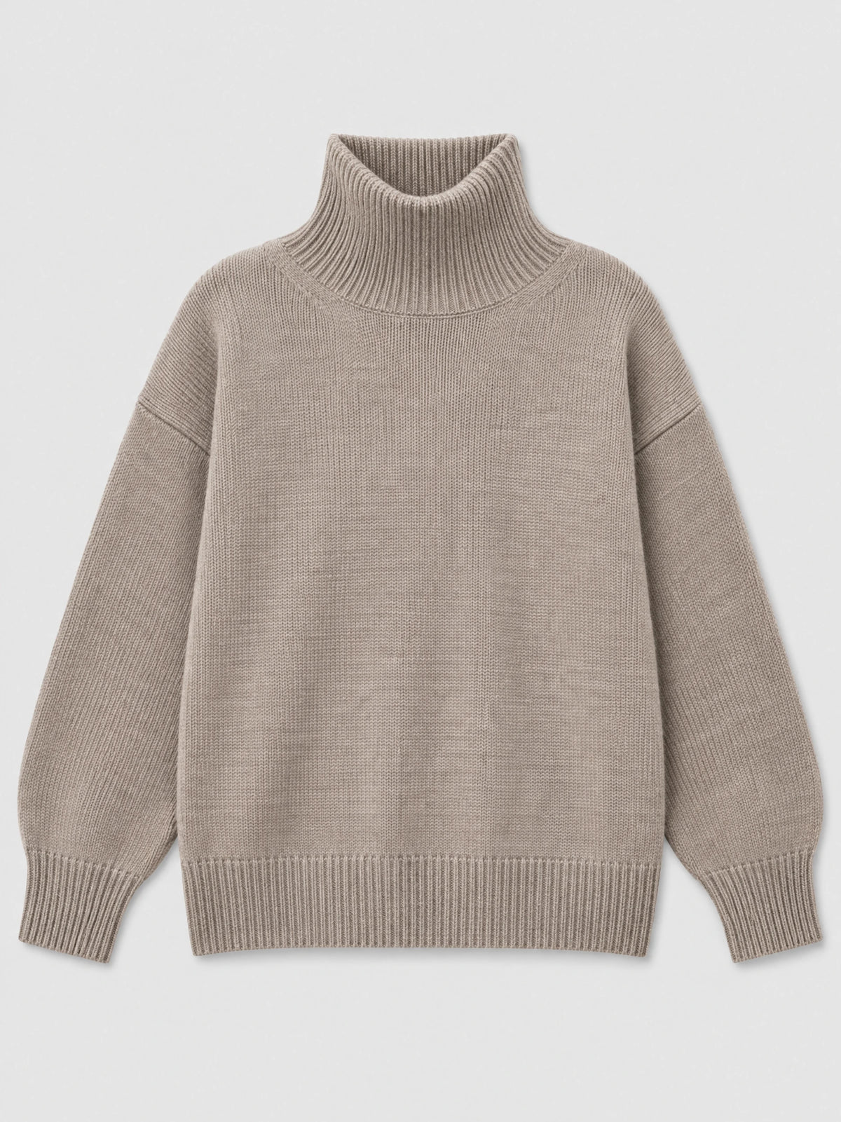 Khaki women's turtleneck sweater laid flat, featuring a ribbed high collar, cuffs, and hem.