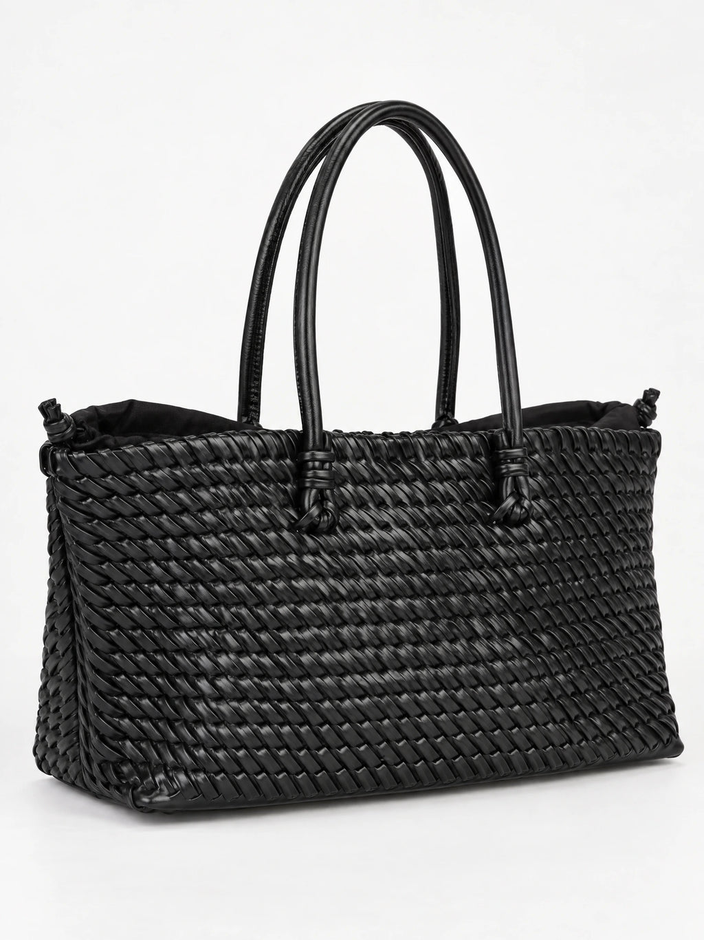 Black woven shoulder bag shown at an angle, featuring braided texture, twin handles, and a gathered top.